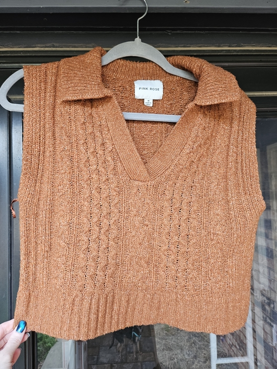 Pink Rose Sweaters - Pink Rose Women's Rust Cable V-Neck Collared Sweater Vest